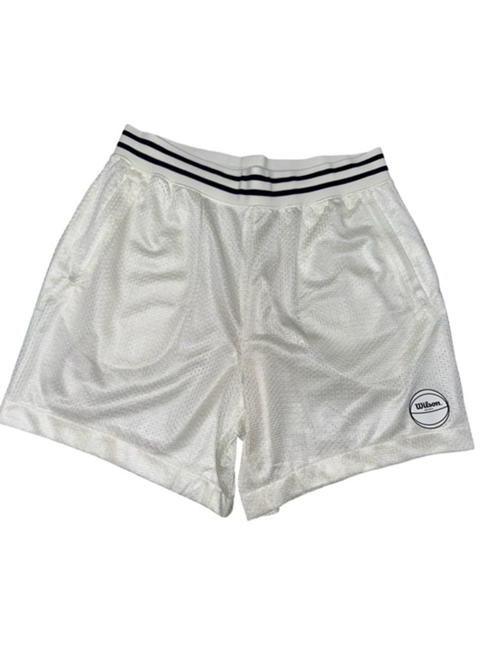 Wilson Men’s Size L White Athletic with Navy Blue Striped Waistband Mesh Shorts
